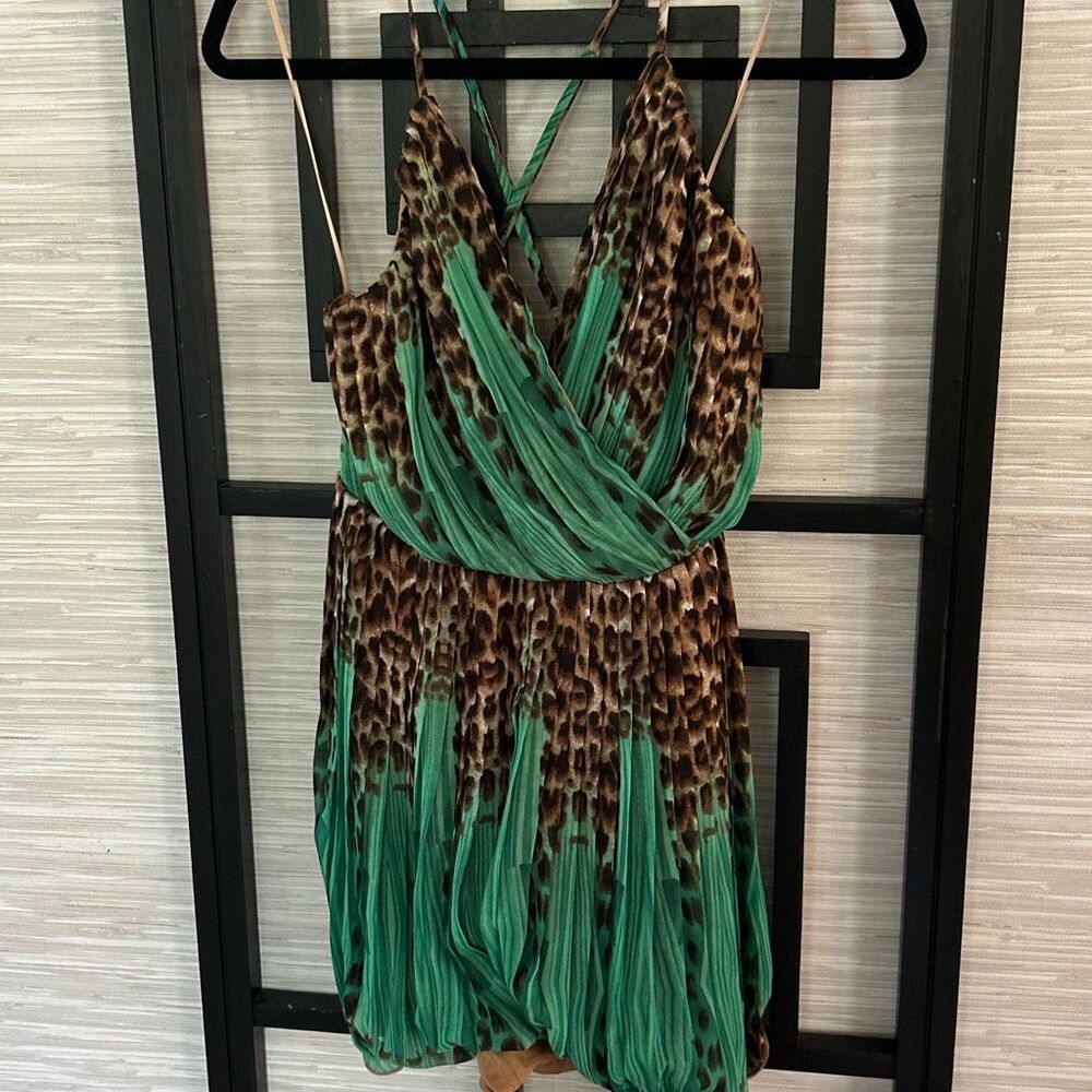 NWT miss Avenue green leopard print print mini dress romper shorts underneath si